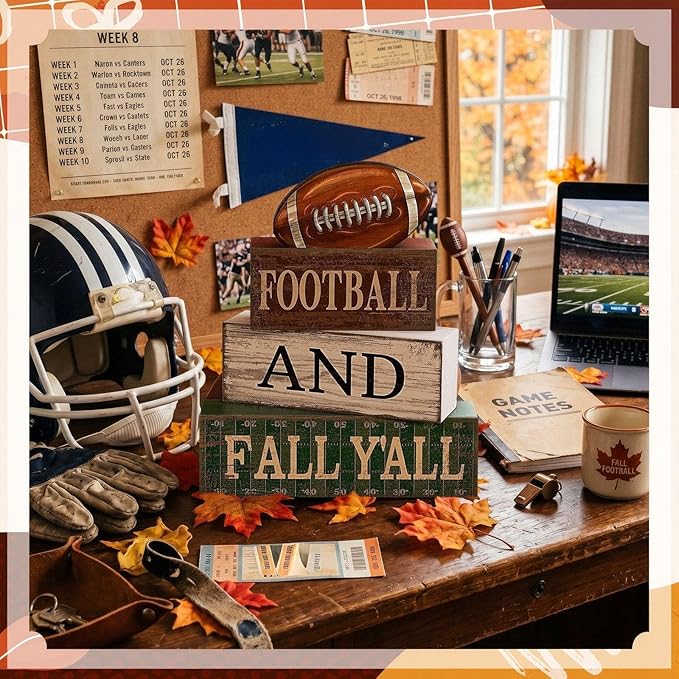 Lineshading 4 Pcs Football Table Decorations Football & Fall Wooden Stacked Block Decor Sport Game Centerpiece Decorative Rugby Block Gift for Fans Club Tailgate Birthday Party Shelf Fireplace Decor