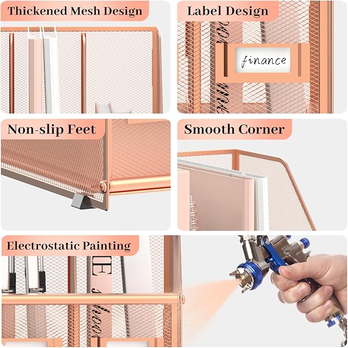 SUPEASY Desk Organizers Metal Desk Magazine File Holder with 5 Vertical Compartments Rack File Organizer for Office Desktop, Home Workspace, Rose Gold, Plus