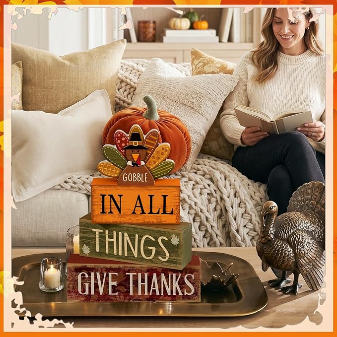 Moucuny 4 Pcs Fall Decorations for Home Wooden Turkey Decor Thanksgiving Tiered Tray Decor Thanksgiving Table Centerpiece Rustic Wooden Gobble Turkey Block Sign for Autumn Harvest Party Kitchen Shelf