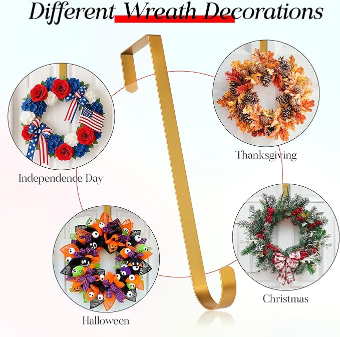 MCFULL 12 in Wreath Hangers for Front Door,Sturdy Metal Wreath Doors Hangers,Over The Door Hooks for Front Porch Decor,Gold Garland Hooks Holders for Halloween Christmas Decorations,2 Packs