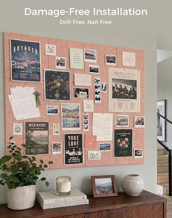 Aothia 12-Pack Felt Bulletin Board Tiles for Walls - 48x36 Modular Bulletin Board, Cork Board Alternative Pin Board for Office & Classroom, 70 Adhesive Tabs & 40 Push Pins Included (Pink)