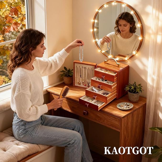 Wooden Jewelry Box for Women 4 Tier Walnut Wooden Jewelry Box with handle (White Deer Print A)