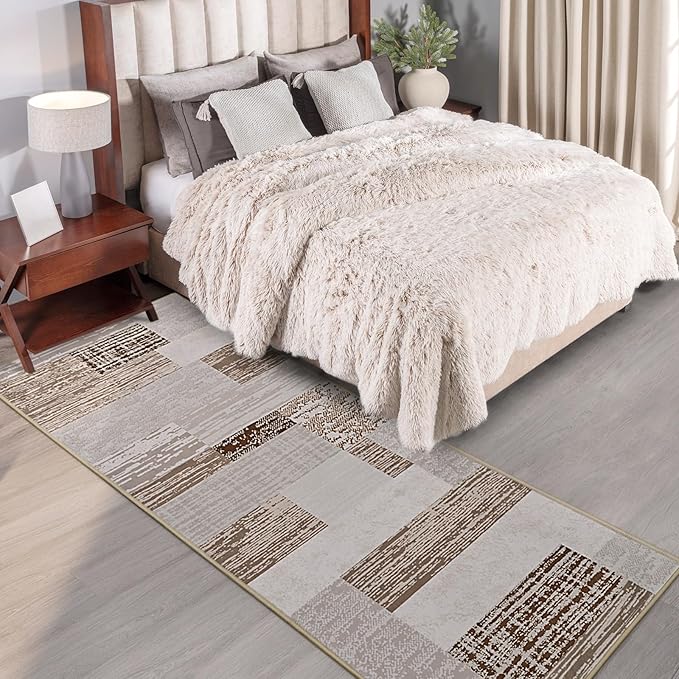 FlyDOIT Modern Geometric Patchwork Area Rug, 2x6 Beige Runner Rugs for Living Room, Rockwood Collection Indoor Rugs for Bedroom, Throw Carpet Floor Decor for Entryway Dining Room Office Nursery