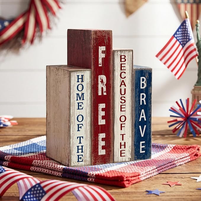 Lineshading 4 Pcs 4th of July Decoration Wooden Book Patriotic Tiered Tray Decor America Decor Red White Blue Memorial Day Centerpiece for 250th Anniversary Independence Day Home Shelf Coffee Bar