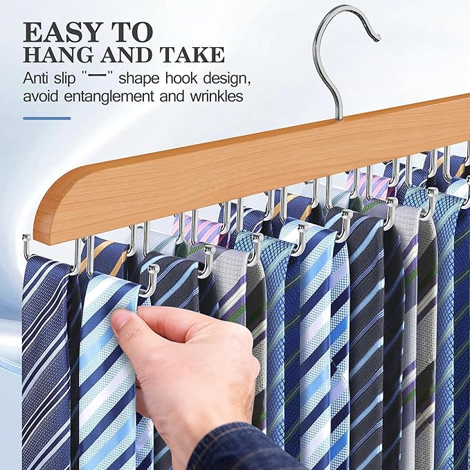 Tie Rack Hanger for Closet 20 Foldable Hooks, 1 Pack Wooden Non Slip Large Capacity Space Saving Tie and Belt Organizer with 360°Rotating Hooks for Tank Tops Bras Scarves Hat