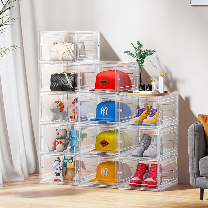 Hat Organizer Box, Stackable Clear Baseball Caps Holder Box Containers with Magnetic Door for Hats Snapback Cap Storag, Hat Rack Display Case, Holds 8 Hats Each (Clear, 4 Pack)