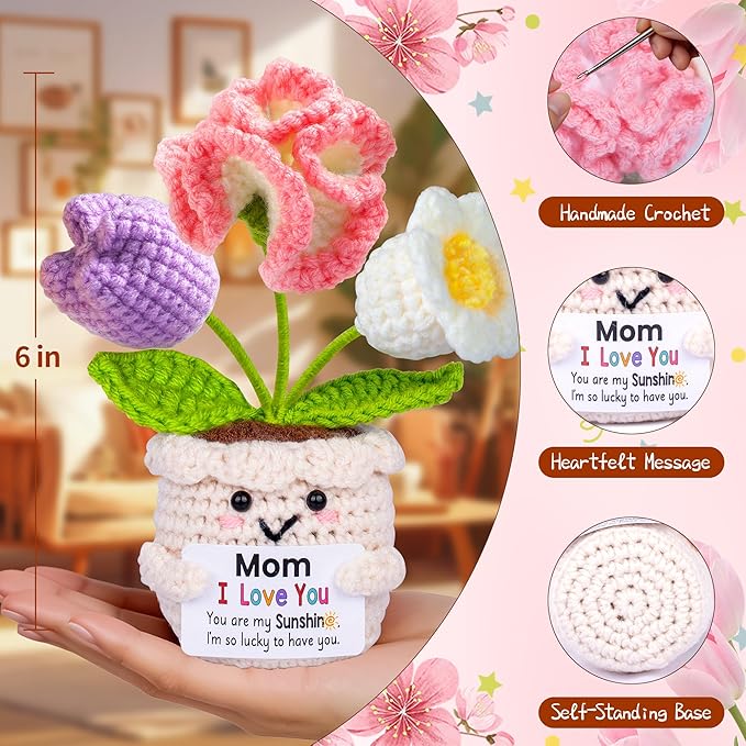Gifts for Mom from Daughter Son, Mom Birthday Gifts, Gift for Moms Mother in Law Step Mama Mommy, Mother's Day Birthday I Love You Present for Moms, Cute Handmade Crochet Positive 3 Flowers Doll