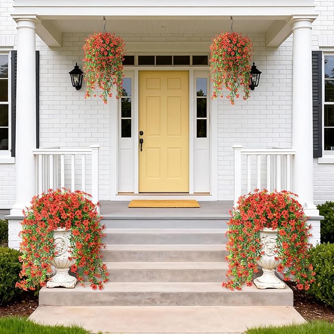 Artificial Hanging Flowers for Outdoors, 2 Pcs Fake Hanging Plant Spring Summer Decor, UV Resistant No Fade Realistic Faux Flower for Front Door Porch Planter Patio Garden Yard (Red)