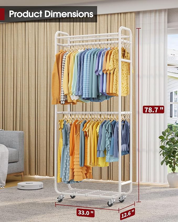 Clothes Rack - Rust-Proof Clothing Rack with Shelves, Hangers, Removable Hooks, Anti-Tip Wardrobe Closet with Lockable Wheels & Wall Anchor for Entryways, Bedroom, 33.0" x 12.6" x 78.7", White