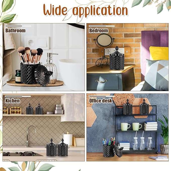 Aoriher 4 Pcs Crystal Glass Candy Jar Set with Lids Home Decorative Storage Jars for Apothecary, Bathroom, Kitchen, and Pantry, Ideal for Cotton Swabs and Jewelry(Large,Black)