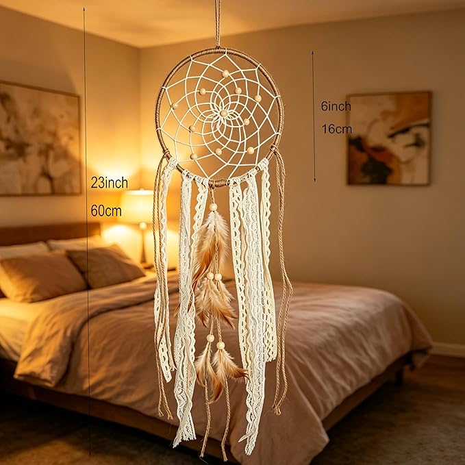 5 Pcs/Set Large Dream Catchers Boho Wall Decor Feather Handmade Traditional Dream Catcher Wall Hanging Decor for Kids Bedroom Adult Living Room Home Bohemian Decorations (Hemp Rope)