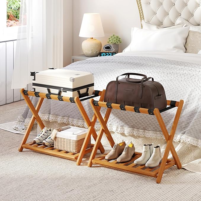 Goplus Luggage Rack for Guest Room Set of 2, Folding Suitcase Stand with Storage Shelf, Acacia Wood Frame & 5 Nylon Straps, Fully Assembled 27" Luggage Stand for Bedroom, Hotel, Holds up to 200 LBS
