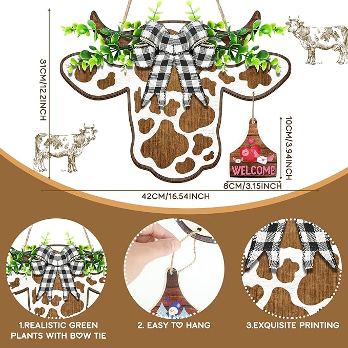 Suzile 16 Pcs Cow Decor Welcome Sign Wooden Cow Head Door Wreath Sign with Buffalo Plaid Bow Interchangeable Hanging Ornaments for Christmas Farmhouse Home Front, 16.5 x 12 Inch