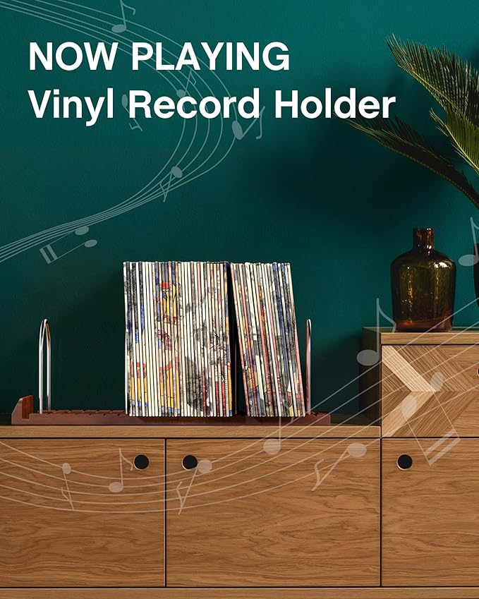 BS-VOG Now Playing Vinyl Record Stand, 150 LP Vinyl Record Storage with Non-slip Grooves, Wood Now Spinning Vinyl Record Holder for Albums Magazine Rack Organizer Record Display, Gift Package