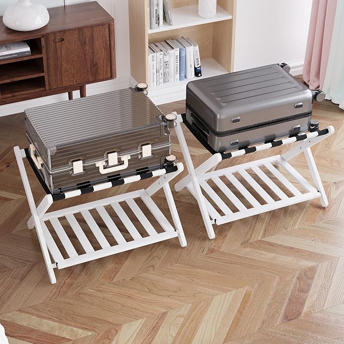 Smuxee Fully Assembled White Luggage Rack Pack of 2, Bamboo Foldable Suitcase Stand with 5 Nylon Straps, Luggage Holder with Shelf for Guest Room Bedroom Hotel