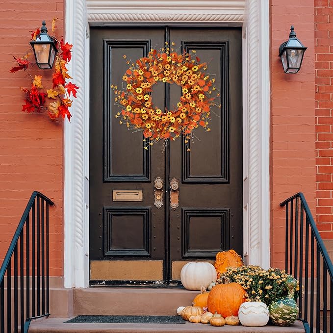 Sggvecsy Fall Wreath 24'' Autumn Harvest Daisy Wreath with Orange Eucalyptus Foam Leaves Grain Daisies Berries for Outside Indoor Home Wall Festival Thanksgiving Decor