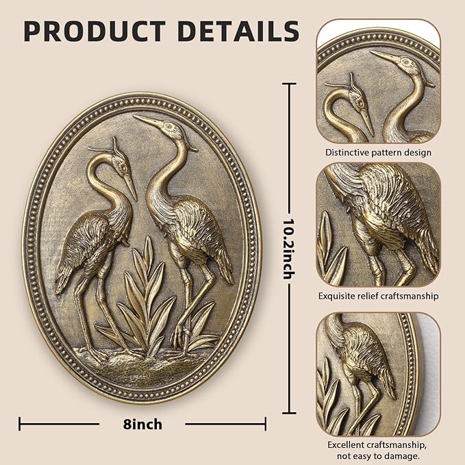 Vintage Crane Wall Sculpture, Antique Wall Decor, Crane Wall Art, Hand Painted Wall Decoration with Embossed Couple Birds Design, Heron Wall Art, Vintage Wall Decor for Living Room Bedroom Dining Room Hallway, Housewarming Gifts