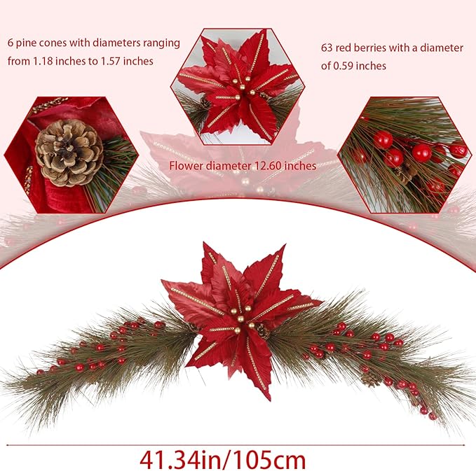 CITYES Christmas Swag Decoration Floral Swag with Berries and Silk Poinsettia Flowers Pine Needles Greenery 41.34 Inch Christmas Swag Xmas Door Swag for Front Door Festival Decor Wall Arch Window