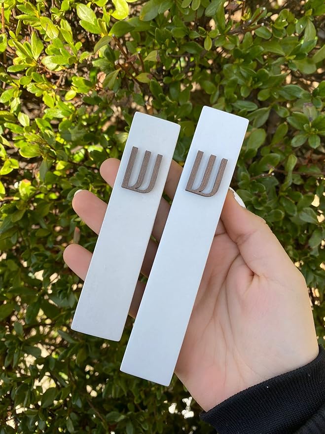 A&S Mezuzot Modern Concrete Mezuzah Case with Scroll, Easy Peel and Stick Mezuza (Ivory+ Wood Shin, 5 Inches)