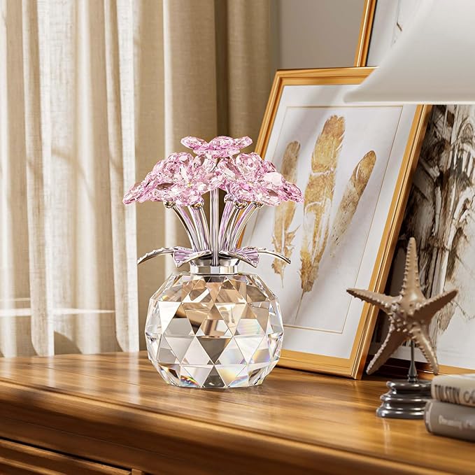 Arikyrist Crystal Forget-Me-Not Bouquet Figurines Gifts for Her Pink Flowers Collectible Decoration for Living Room Romantic Presents for Women Wife Mom Birthday Anniversary