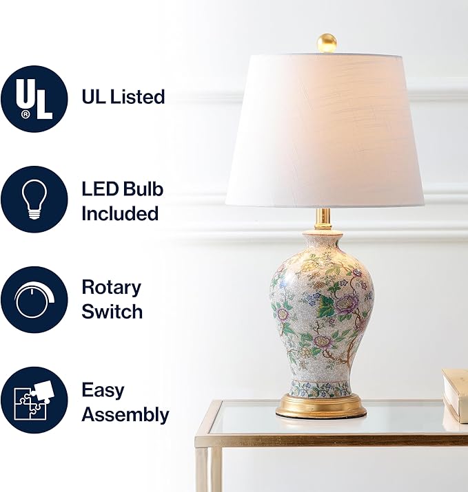 JONATHAN Y 24" Multi-Colored/Gold French Country Ceramic Floral Urn Table Lamp, White Linen Shade, Chinoiserie Ginger Jar Bedside Lamp for Living Room Bedroom, LED Bulb JYL3009A