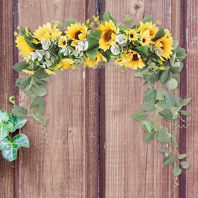 Artificial Sunflower Swag, 17.7inch Decorative Flower Swag Wedding Arch Decor, Fake Flower Wreath Sunflower Swag Garland, Green Leaves Hanging Ornament Floral Swag Door Swag for Wedding Home(Yellow)