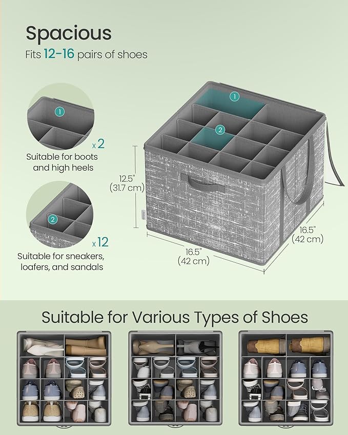 SONGMICS Shoe Organizer for Closet, Set of 2, Shoe Storage Box with Clear Lid, Foldable Fabric Bins, Holds 32 Pairs Total, Reinforced Handles, 16.5 x 16.5 x 12.5 Inches, Cattail Gray ULSP602G01