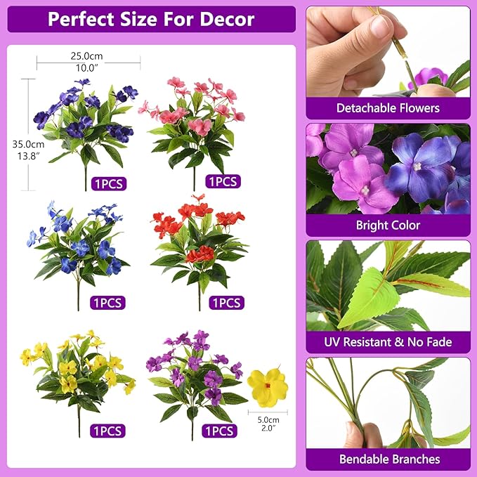 Artificial Fake Flowers for Outdoor, 6 Bundles UV Resistant Faux Plants Decoration Silk Flowers No Fade Plastic Flowers for Outside Planters Home Porch Patio Yard Garden Decor