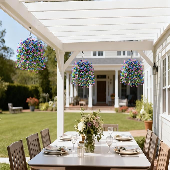Artificial Hanging Flowers for Outdoors, 2 Pcs Fake Hanging Plant Spring Summer Decoration, UV Resistant No Fade Faux Flower for Porch Patio Yard Window Home Decor(Purple Blue)