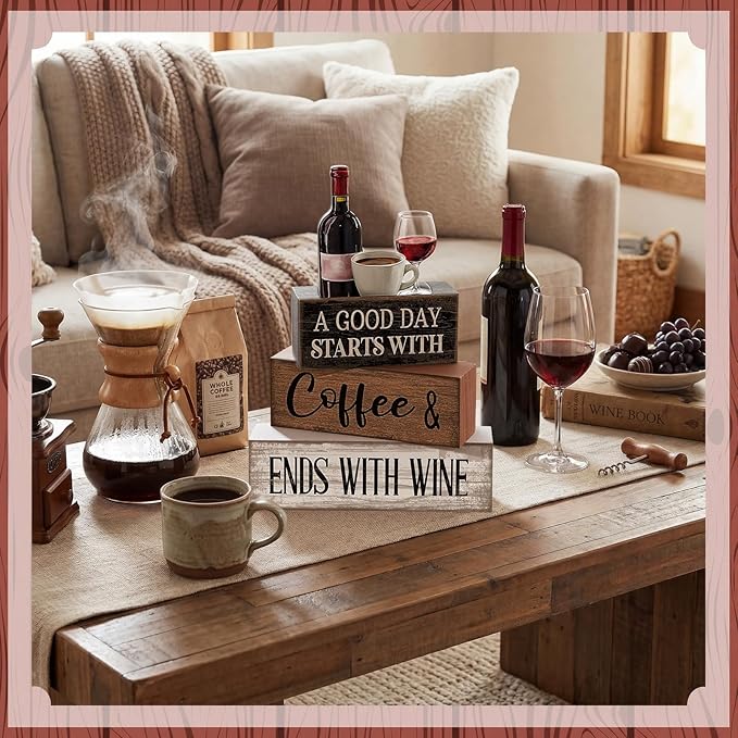 Lineshading 4 Pcs Farmhouse Kitchen Decor Wooden Stacked Block Sign with Wine Bottle, Coffee Cup & Glass Sculpture a Good Day Starts with Coffee Ends with Wine Sign for Home & Bar Housewarming Gift