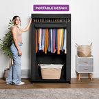 HOLDN’ STORAGE Portable Wardrobe Closet - 50 lb Capacity, Internal Heavy Duty Metal Rod, Zipper & Clear Window, Durable Clothes Organizer, Tool-Free Easy Assembly, Black Canvas Cover