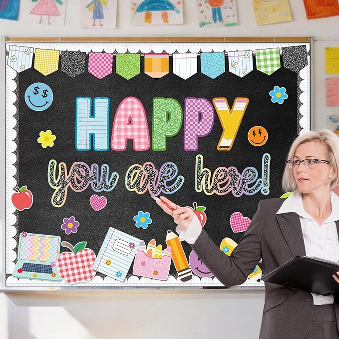Back to School Bulletin Board Decoration, Happy You're Here Bulletin Board Set, Composition Notebook Happy Face Apple Daisy Cutouts for Classroom First Day of School Chalkboard Wall Door Teacher Decor
