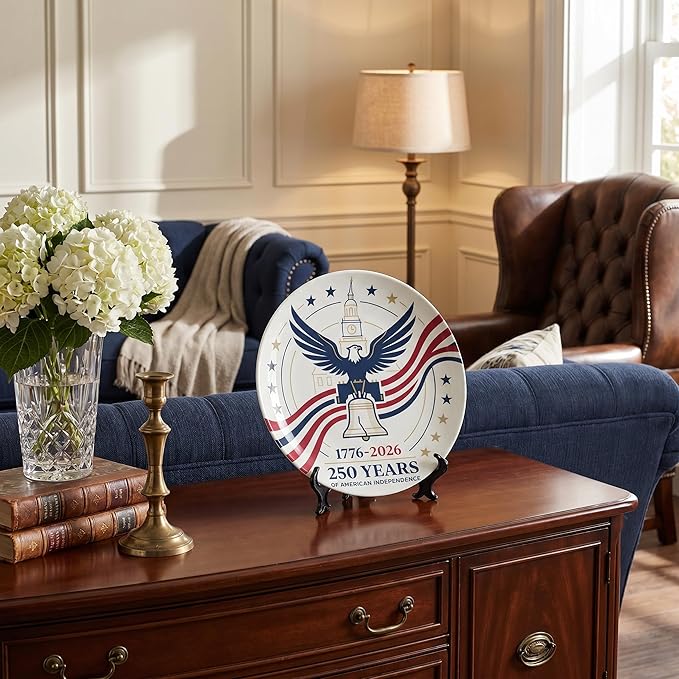 250th Anniversary Decorative Plates 8 Inch Patriotic Decorations Eagle Liberty Bell Commemorative Plates with Stand Memorial Day 4th of July Veterans Day Home & Office