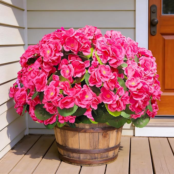 Artificial Geraniums Flowers for Outdoors Spring Decor, 8 Bundles UV Resistant Fake Geraniums Flowers Silk Faux Plants for Home Planter Gardens Table Patio Porch Indoor Summer Cemetery Decor(Pink)