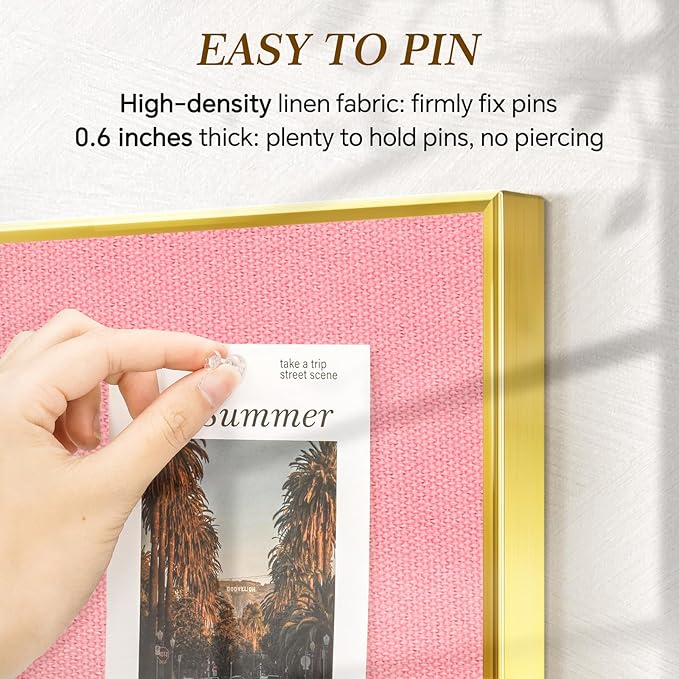 Linen Bulletin Board 24" x 18", Fabric Pin Board with Gold Aluminum Frame, Decorative Vision Board for Home Office, Bedroom & Dorm Wall Decor, Includes 10 Push Pins, Pink