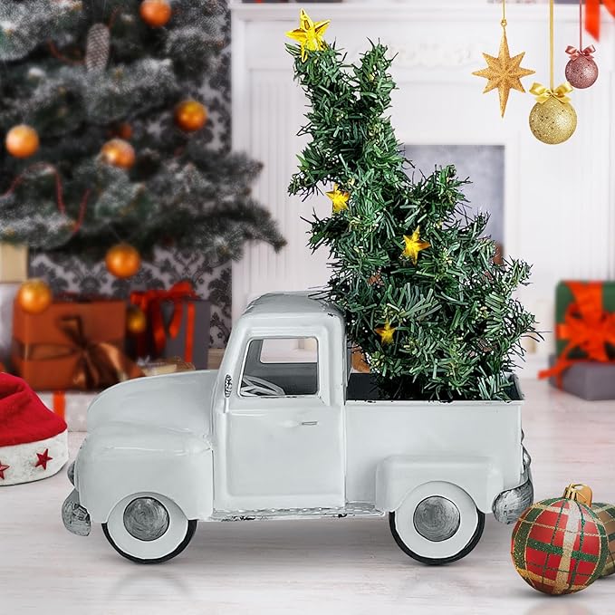 Farmhouse White Truck Decor, Vintage Metal Farm Truck Decor,Rustic Outdoor/Indoor Garden Trucks Planter,Decorative Tabletop Fall Table Pick-up Decor, Collectible Vehicles Gifts