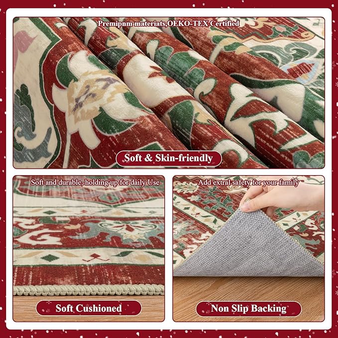 U'Artlines Red Christmas Area Rug 8x10 Large Boho Washable Soft Winter Holiday Carpet for Living Room Bedroom Dining Room Office Indoor Rugs for Xmas Decor