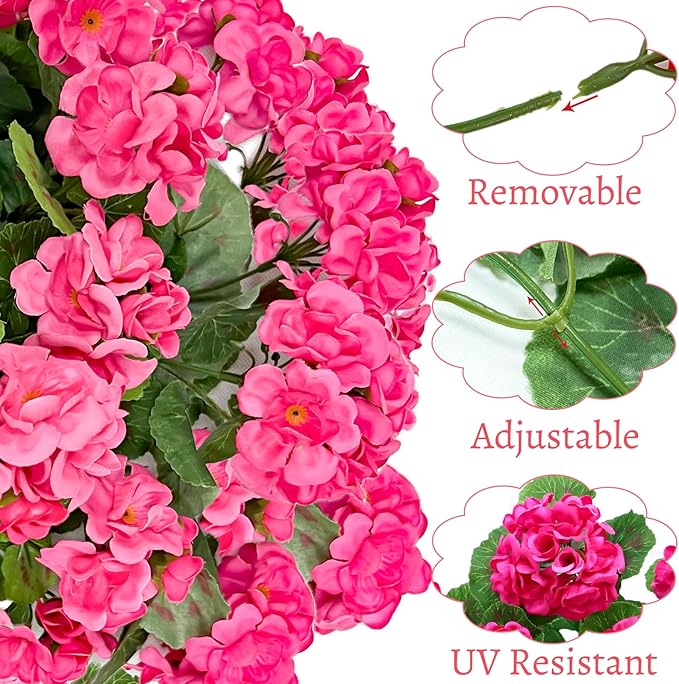 Artificial Geraniums Flowers for Outdoors Spring Decor, 4 Bundles UV Resistant Fake Geraniums Flowers Silk Faux Plants for Home Planter Gardens Table Patio Porch Indoor Cemetery Summer Decor(Pink)