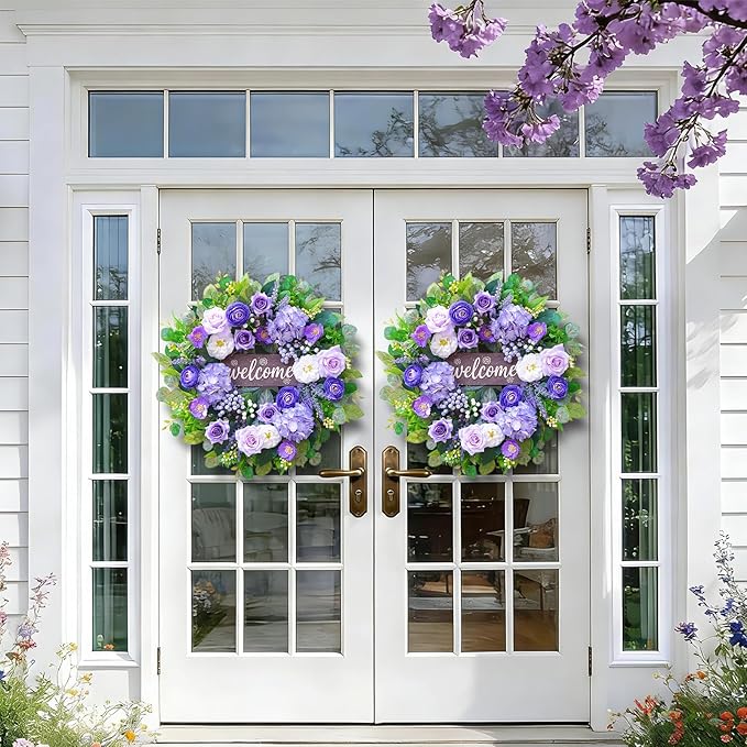 24 Inch Spring Summer Wreaths for Front Door, Luxury Hydrangea Door Wreaths for Front Door Outside All Season,Summer Door Wreath for Farmhouse French Country Home Wall Porch Decor