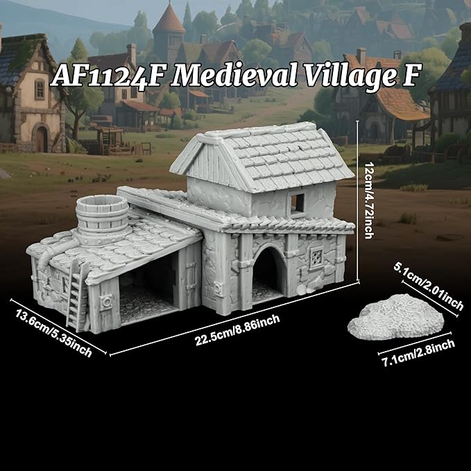 Unpainted 3D Printed Tabletop RPG Terrain–25 Scale Map Props for Trench Crusade & DND Bundle,Gable Roof Medieval Residence Scenery – Medieval Village F AF1124F