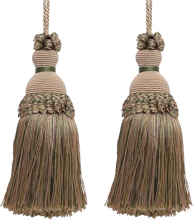 DÉCOPRO Beautiful Hand-Crafted 5" (12.5cm) Key Tassel, 3 1/2" (8.5cm) Loop # IKTJ, Beige Khaki Green #4567 (Khaki Green, Dark Beige) Set of 2