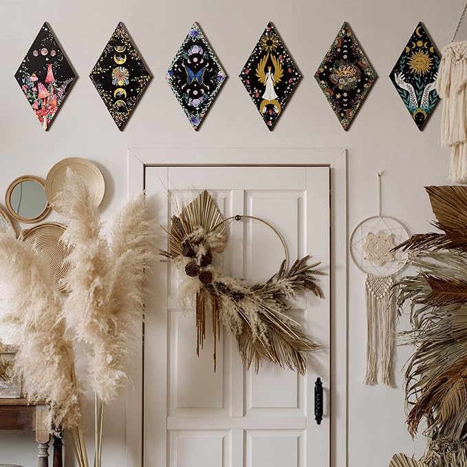 Qunclay 6 Pcs Witchy Gothic Wall Decor Rustic Boho Home Decor Sun Moon Mushroom Phases Wall Art Gothic Star Hanging Wooden Decoration Farmhouse Pediments for Bedroom Living Room Gallery(Moon Sun)