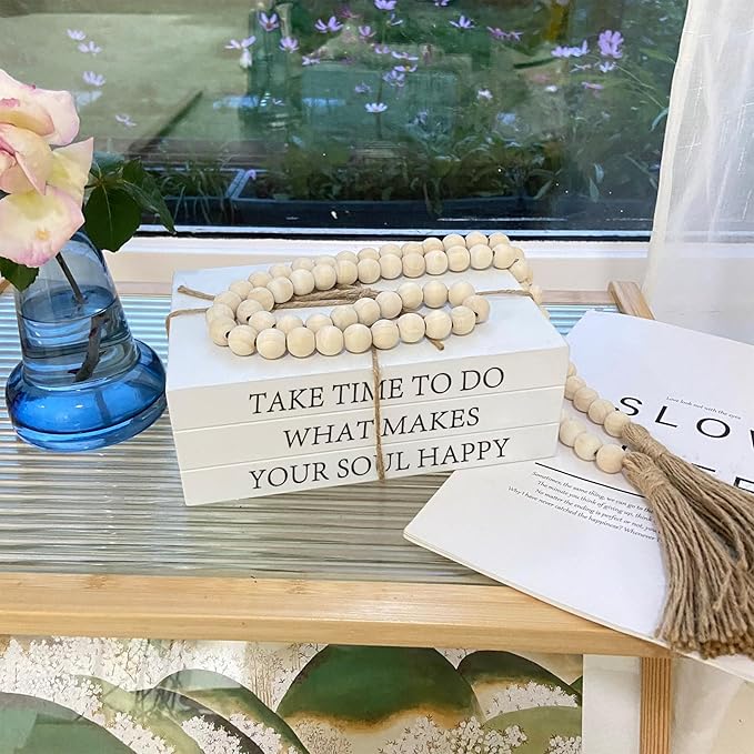 Decorative Books for Home Decor, White Faux Books for Decoration, Rustic Farmhouse Stacked Display Books with 52in Wood Bead Garland for Coffee Tables Living Room (TAKE TIME to DO)