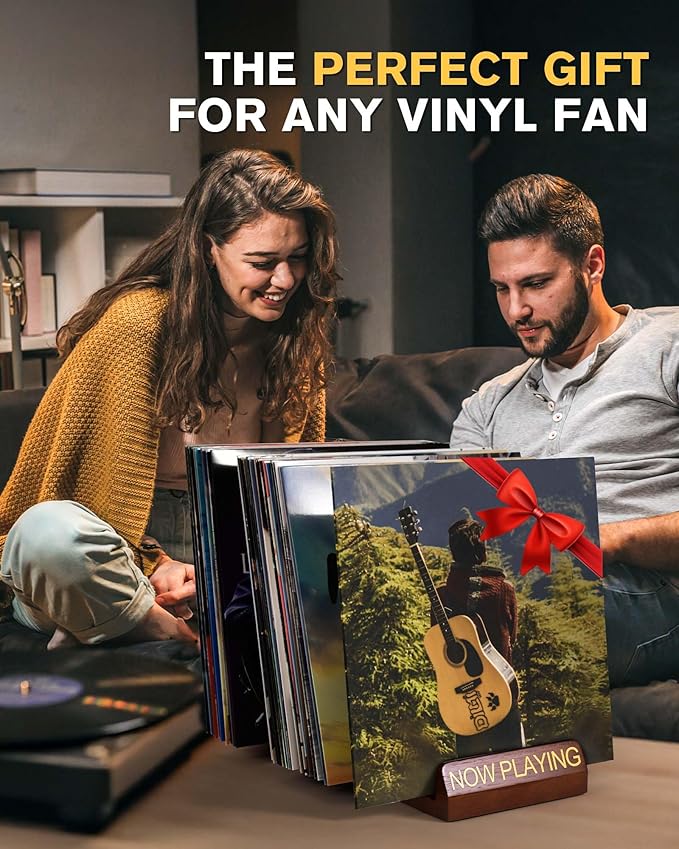 Vinyl Record Storage, 50 LPs Now Playing Record Holder, Wood Vinyl Album Storage Rack for LP Records/Magazines/Music Lovers