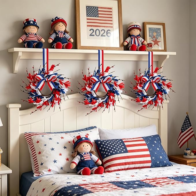 6 PCS Mini 4th of July Patriotic Kitchen Cabinet Wreaths Small Red White and Blue Floral Swag Wreath for Front Door with Forsythia Flowers Independence Day Hanging Wreaths for Memorial Day Porch Wall