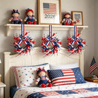 6 PCS Mini 4th of July Patriotic Kitchen Cabinet Wreaths Small Red White and Blue Floral Swag Wreath for Front Door with Forsythia Flowers Independence Day Hanging Wreaths for Memorial Day Porch Wall