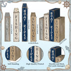 Lineshading 4 Pcs Summer Lake House Decor Stacked Wooden Block Set with Lake Life Boat Rides Fishing Sunshine Blue White Summer Table Decor Wooden Book Signs for Fishing & Boating Lovers Gifts