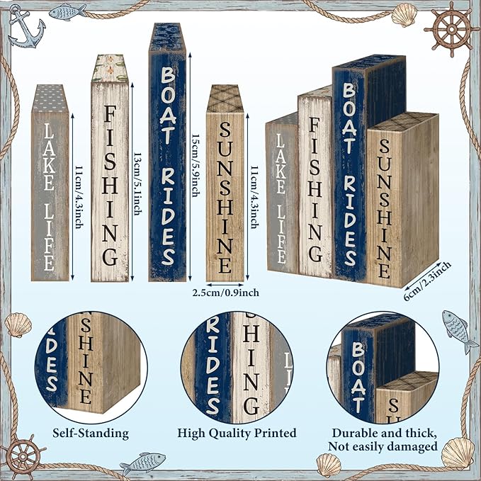 Lineshading 4 Pcs Summer Lake House Decor Stacked Wooden Block Set with Lake Life Boat Rides Fishing Sunshine Blue White Summer Table Decor Wooden Book Signs for Fishing & Boating Lovers Gifts