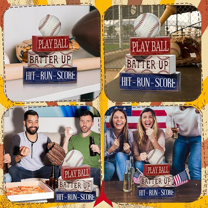 Yuntau 4 Pcs Baseball Decorations Sports Wooden Sign Baseball Centerpieces for Tables Tiered Tray Decor Decorative Mini Faux Book Stack Block for Bedroom Boys Room Mantel Shelf Senior Night Gifts