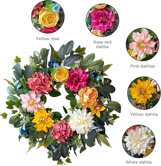 24 Inch Spring Wreaths for Front Door,Spring Wreaths,Spring Summer Door Wreaths with Yellow and Pink Dahlia Hydrangea Peony Flower Wreath for Outside Indoor Outdoor Home Porch Wall Decor
